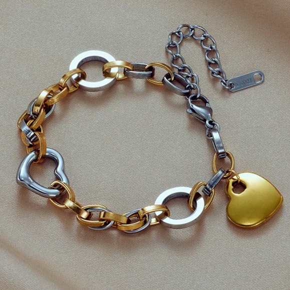 Luxe Gold Silver Tone Titanium Steel Chunky Heart Statement Bracelet - Picture 3 of 5